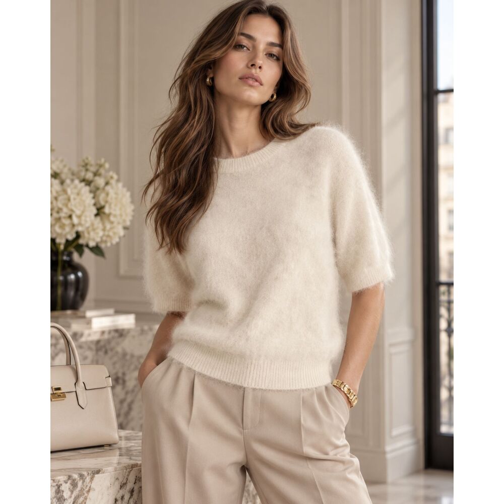 MICHAEL Michael Kors Angora Blend Short Sleeve Sweater Womenโs L Ivory Cream